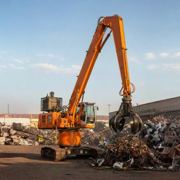 Revolving grabber type excavator for scrap handling